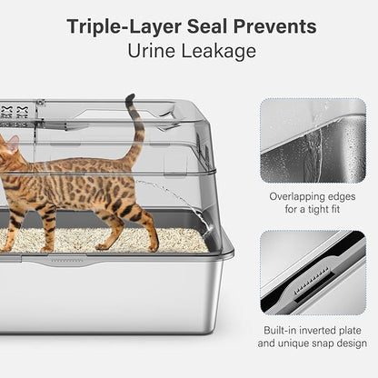 Stainless Steel Litter Box with Lid, XL Extra Large Enclosed Cat Litter Box Fits All Cats Modular Design with Flip Cover, Top Entry Metal High Sided Cat Box & Pedal & Scoop (White)