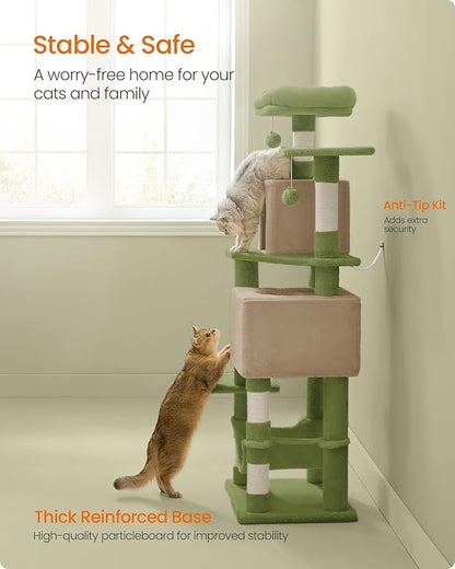 Feandrea Cat Tree, 59.5-Inch Tall Cat Tower, Plush Multi-Level Condo with 5 Scratching Posts, 2 Perches, 2 Caves, Hammock, 2 Pompoms, Grass Green and Camel Brown UPCT192C03