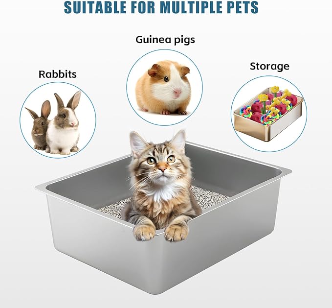 Stainless Steel Cat Litter Box - XL Metal High Sided Cat Pan Tray, Easy to Clean Non Stick Odorless Large Pet Toilet Supplies for Big Cats Kitty Kitten, 23.6 x15.75 x6 Inch, Silver