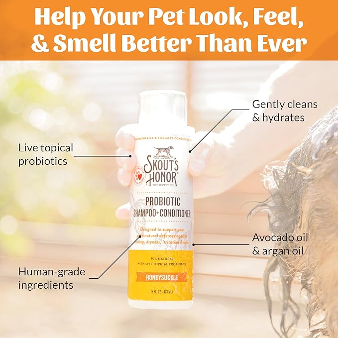Skout’s Honor Probiotic Natural Dog Shampoo and Conditioner with Avocado Oil & Omega-3s, Gentle Puppy Shampoo, Hydrating Dog Conditioner, 97% Natural, Paraben & Sulfate-Free, Cruelty-Free, 16 oz