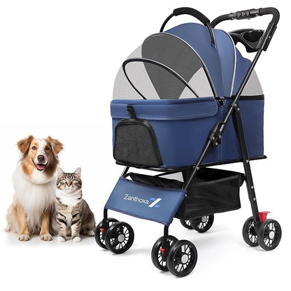 Dog Stroller, 4 Wheels Pet Stroller for Small & Medium Dogs, One-Click Foldable Cat Strollers Up to 45 Ibs with Storage Basket, Cup Holder and Breathable Mesh