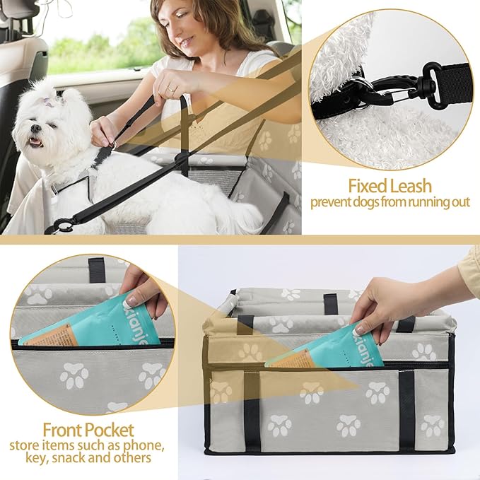 PetsHome Dog Car Seat Foldable Dog Car Booster Seat Waterproof Breathable Oxford Travel Bag for Small to Medium Dogs, Puppies, and Pets-Footprint Grey