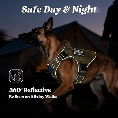 rabbitgoo Tactical Dog Harness for Large Dogs, No Pull Upgraded Reflective Heavy Duty Molle Vest with Handle, Adjustable Military Service Dog Vest for Walking Hiking Training, Brown, L