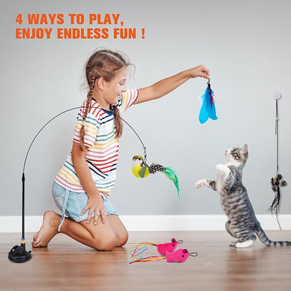 PAWCHIE Cat Wand Toy,19 Pcs Interactive Cat Feather Toy,Reusable Suction Cup Cat Bird Simulation Toy Set,Self Play Cat Kitten Toys for Indoor Play Exercise，Hanging String and Mouse Toy