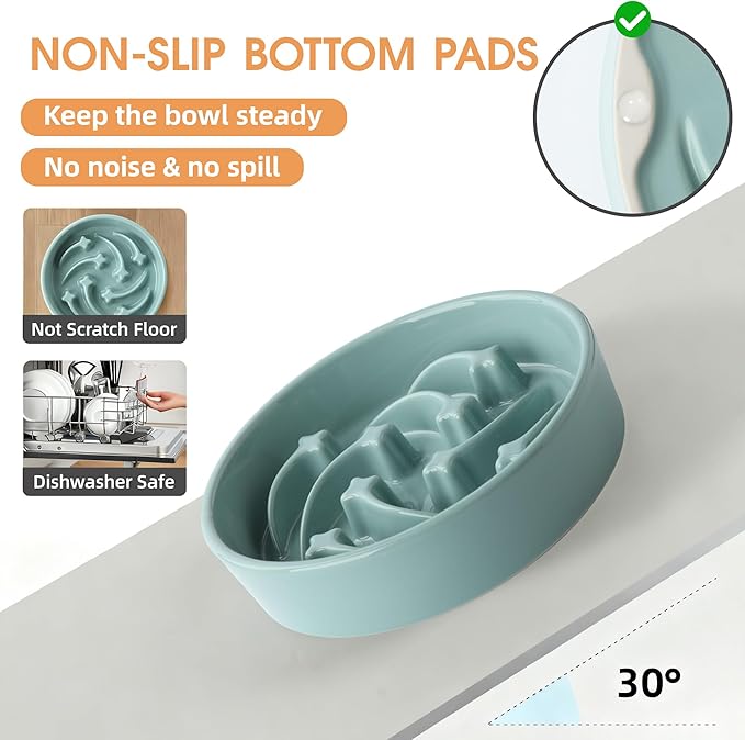 Ceramic Slow Feeder Dog Bowls Large Breed, 2 Cups Slow Eating Dog Bowl, Anti-Gulping Pet Food Bowl Reduce Choking, Heavy Puzzle Maze Design Pet Dishes for Fast Eaters, 8.3 inch - Light Green