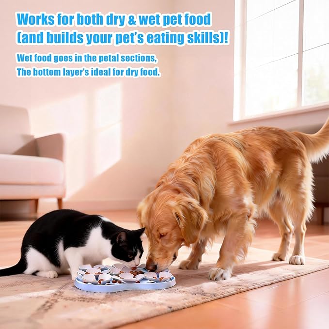 Slow Feeder Bowl for Dogs and Cats - Non-Slip Licking Mat with Suction Cups, Treat Puzzle & Anti-Choke Feeding Pad, Flower Petal Silicone (Blue and Grey)