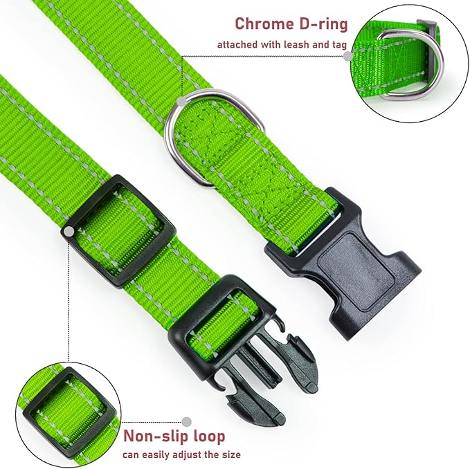 Reflective Dog Collar with Buckle Adjustable Safety Nylon Collars for Small Medium Large Dogs, Grass Green XS