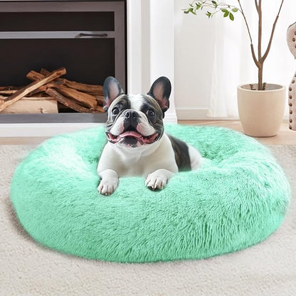 JOLLYVOGUE Calming Dog Bed Medium Size Dog, Anti-Anxiety Donut Medium Pet Bed, 27 inches Fluffy Faux Fur Round Cat Bed (Mint Green)