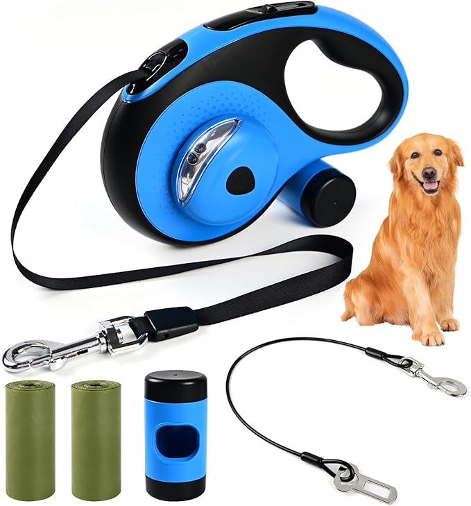 Heavy Duty Retractable Dog Leash for Large Dogs, 26ft Dog Leash with Poop Bag Holder, Up to 110lbs, chew Proof Cable, LED Light, 360° No-Tangle, One-Handed Pause & Locked. (Blue, L 26ft)