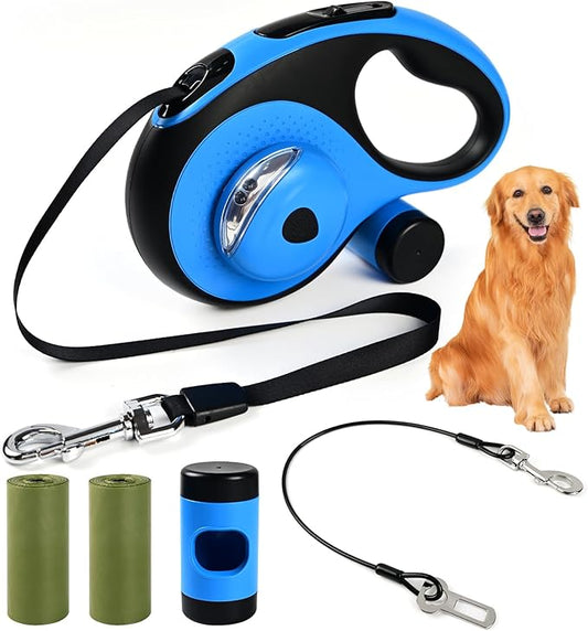 Heavy Duty Retractable Dog Leash for Large Dogs, 26ft Dog Leash with Poop Bag Holder, Up to 110lbs, chew Proof Cable, LED Light, 360° No-Tangle, One-Handed Pause & Locked. (Blue, L 26ft)