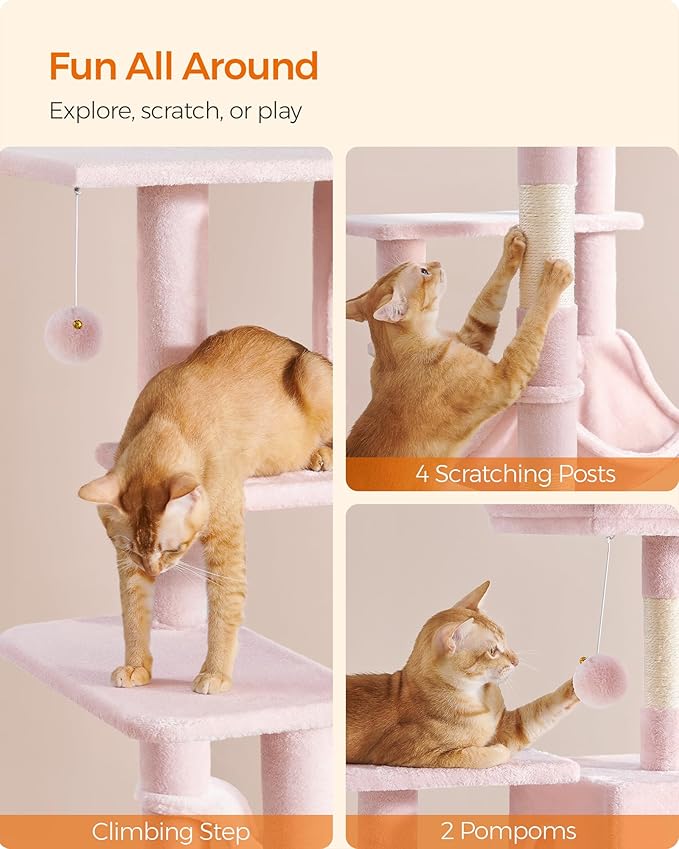 Feandrea Cat Tree, 55.1-Inch Cat Tower, Plush Multi-Level Condo with 4 Scratching Posts, 2 Perches, Hammock, Cave, Jelly Pink UPCT161P01