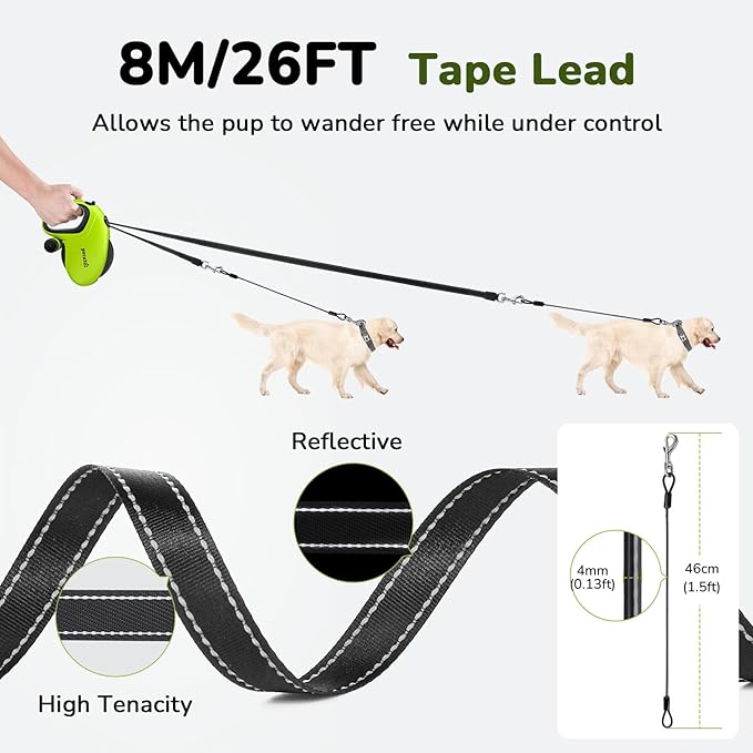Pecute 26ft Retractable Dog Leash with Poo Bag Holder, Chew Proof Dog Leash with 360° Tangle-Free Extended, Anti-Slip Handle & Quick Brake Button, Suitable for Dogs Up to 110lbs in Weight