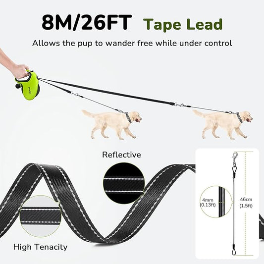 Pecute 26ft Retractable Dog Leash with Poo Bag Holder, Chew Proof Dog Leash with 360° Tangle-Free Extended, Anti-Slip Handle & Quick Brake Button, Suitable for Dogs Up to 110lbs in Weight
