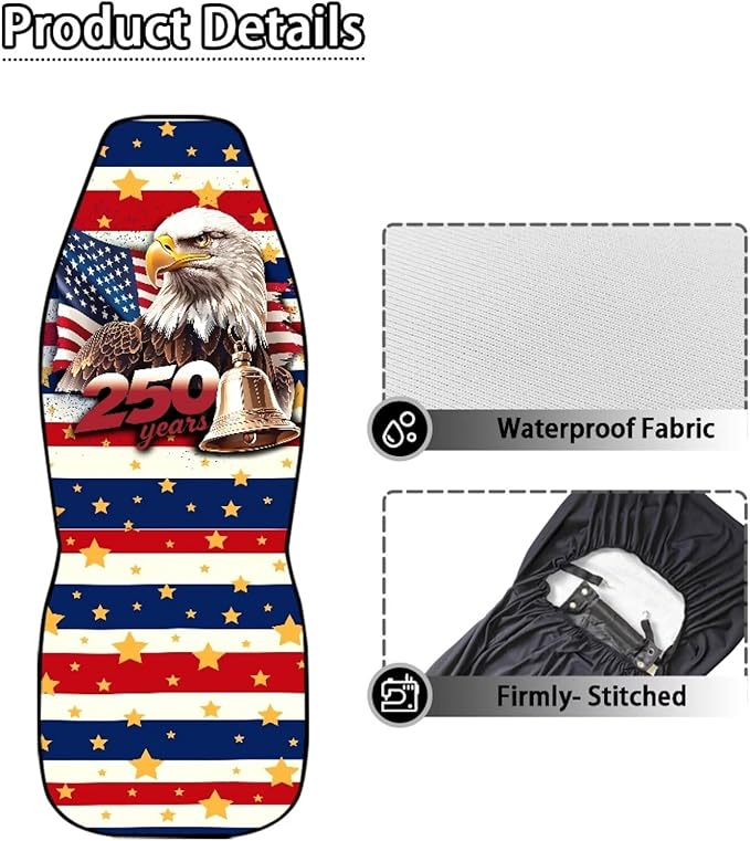 250th Car Front Seat Covers Waterproof Universal Front Seat Cover Eagle American Flag Removable Automotive Accessories Suitable for Cars, SUV and Trucks