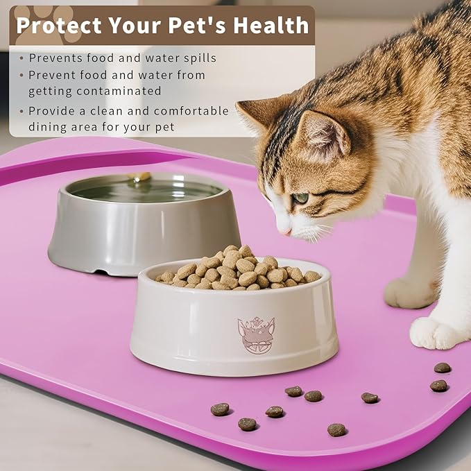 Silicone Pet Food Mat with Raised Edge for Food and Water Bowl, Dog Feeding Mats, Cat Food Trays for Floor Waterproof, Rubber Tray for Dogs and Cats, 19 x 12 x 0.7 Pink