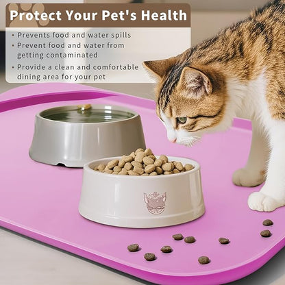 Silicone Pet Food Mat with Raised Edge for Food and Water Bowl, Dog Feeding Mats, Cat Food Trays for Floor Waterproof, Rubber Tray for Dogs and Cats, 22 x 14 x 0.8 Pink