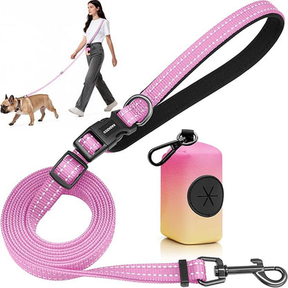 Kazazoo Hands-Free Dog Leash with Poop Bag Holder, Adjustable 4-7 Ft Waist for Dog Walking, Running for Small & Medium Dogs with Reflective Strips, Nylon Waist Belt, Pink