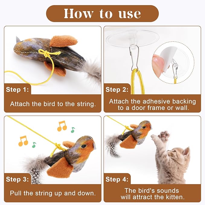 Flying Bird Cat Toys, Interactive Chirping Bird Cats Feather Toys Hanging Cat String Toy for Bored Kittens Adult Multi Households