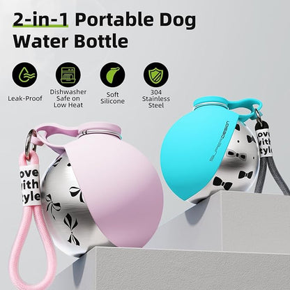 2-in-1 Portable Dog Water Bottle for Small Dogs - Leak-Proof & Compact Dog Travel Water Bottle -Stainless Steel Bottle & Silicone Bowl - Ideal for Walking, Hiking & Travels(10 fl oz, Blue)