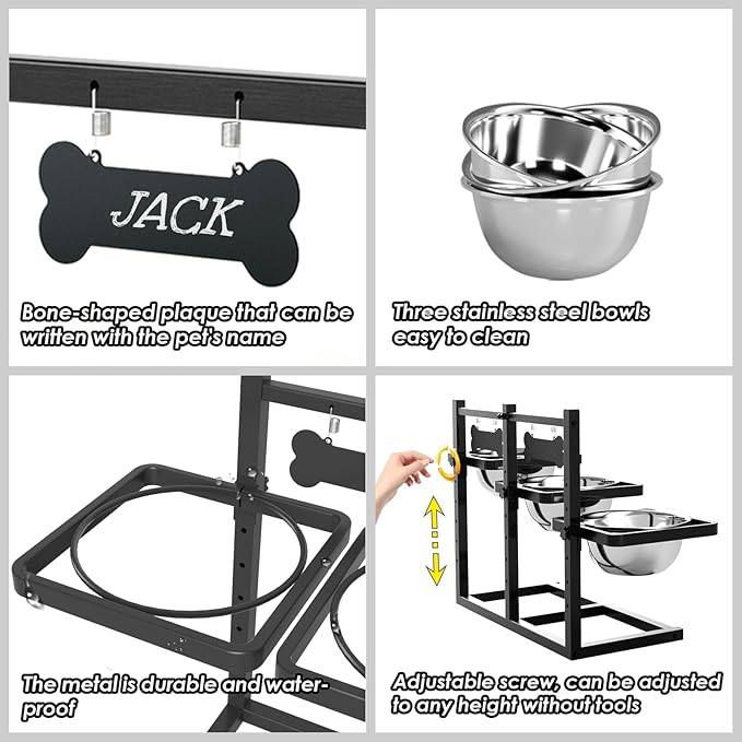 Elevated Dog Bowls for Large Dogs, 6 Height Adjustable Raised Stand with Mat, Two Signature Cards and Three 1700ML Bowls, for Large Breed and Multi-Pet Households