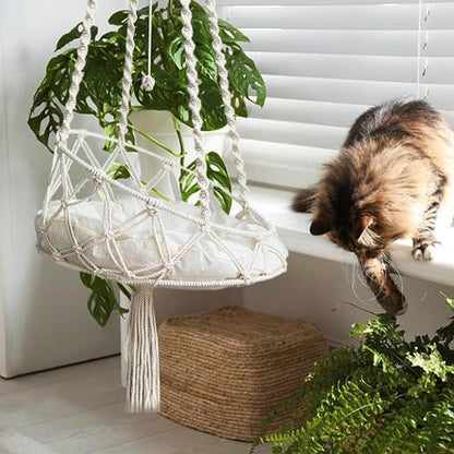 Cat Hammock, Handmade Woven Tassel Hanging Pet Bed for Kitten & Puppy, Pastoral Style Cats Swing Hammock with Cotton Mat for Palying Sleeping Lounging, 40cm