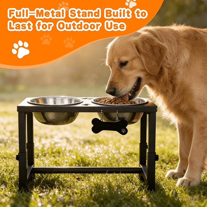 Elevated Dog Bowls, 4 Height Adjustable Metal Raised Bowl Stand with 2 Thick Stainless Steel Food Bowls & Spill-Proof Mat, Adjusts to 13.6'', 12.2'', 10.9'', 9.5'' for Large/Medium Breeds. Black