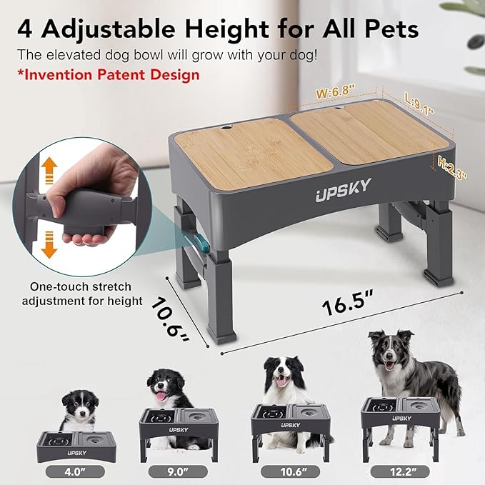3-in-1 Elevated Dog Bowls Slow Feeder, 4 Height Adjustable Raised Dog Bowl with 2 Pcs Wooden Lids, No Spill Water Bowl Dispenser, Stainless Steel Pet Food Bowls for Medium Dogs