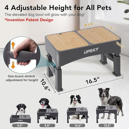 3-in-1 Elevated Dog Bowls Slow Feeder, 4 Height Adjustable Raised Dog Bowl with 2 Pcs Wooden Lids, No Spill Water Bowl Dispenser, Stainless Steel Pet Food Bowls for Medium Dogs