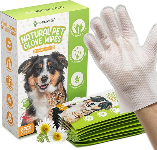 Pet Deodorizing Glove Wipes for Dogs & Cats | Nourish & Clean Fur & Skin | Coconut Oil & Chamomile Rinse-Free Wipes | Bathing Glove Wipes for Daily Care | Natural, Hypoallergenic (8 Pack)