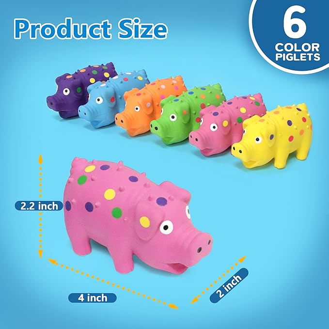 6 Pack Squeaky Pig Dog Toys, 4 in Latex Dog Toy Pigs, Multicolor Mini Dotted Piglets Chew Toys for Small Medium Dogs