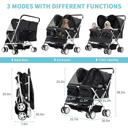 Double Pet Stroller, Foldable Stroller for 2 Dogs & Cats, Two-Seater Carrier Twin Dog Walk Jogger Travel Pet Carriage Cart with Storage, Black