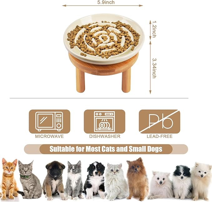 Elevated Slow Feeder Cat Bowls, Ceramic Cat Slow Feeder Bowl with Bamboo Stand, 5.9 Inch Wide Shallow Cats Bowl Whisker Friendly, Anti Vomiting Puzzle Feeder for Dry or Wet Food Dishwasher Safe