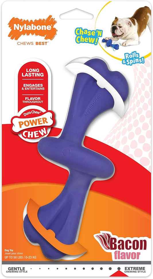 Nylabone Engaging Power Chase 'N Chew Toy for Dogs, Rolling & Spinning Interactive Dog Toys for Aggressive Chewers, Purple, Bacon Flavor, Large - Up to 50 lbs, 1 Count