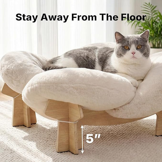 Veehoo Modern Elevated Cat Bed with Washable Fluffy Cushion for Indoor Cats & Small Dogs, Wooden Raised Pet Couch Sofa, Cozy Lounge Chair Suitable for Puppy, Cat Furniture