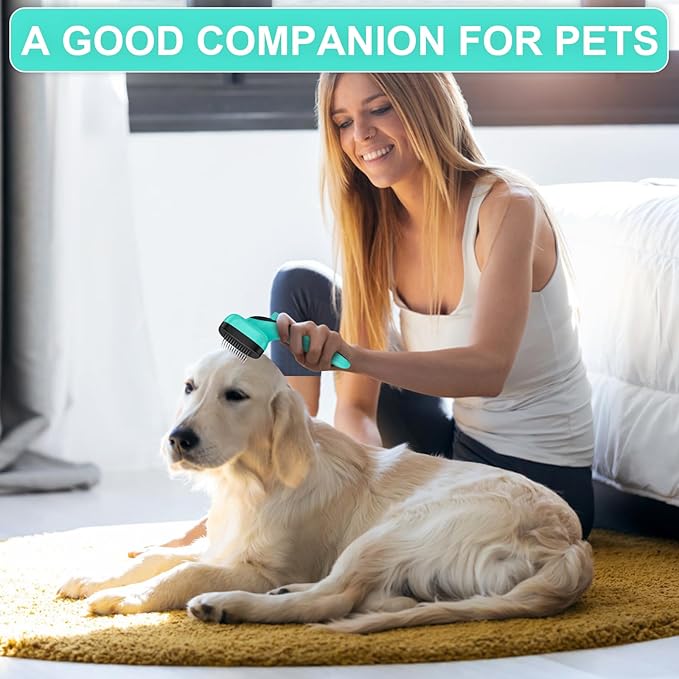 Self Cleaning Slicker Brush for Dog, Skin Friendly Shedding & Grooming Tool for Long and Short Haired Dogs and Cats, Easy Clean Retractable Bristles, Green