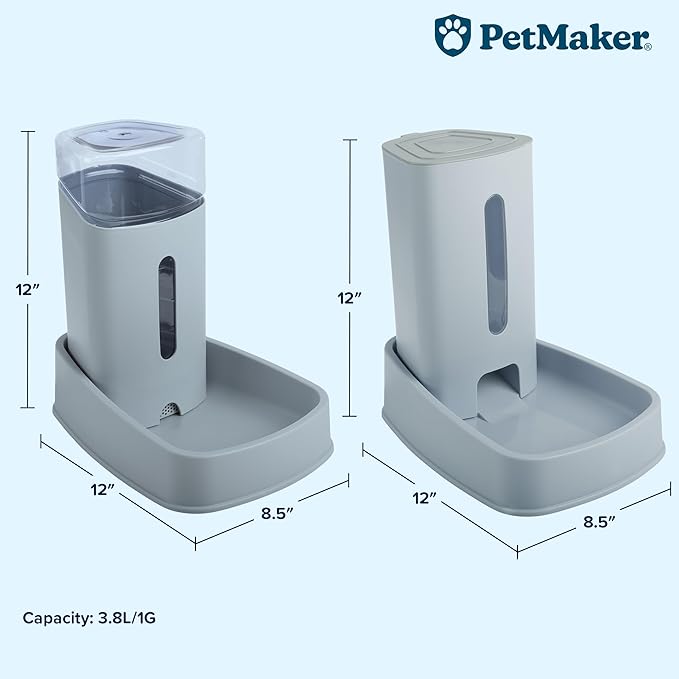 Automatic Cat Feeder and Water Dispenser - 2-Pack 3.8L/1G Pet Bowls - Gravity Automatic Cat and Dog Feeding Station - Pet Supplies by PETMAKER (Gray)