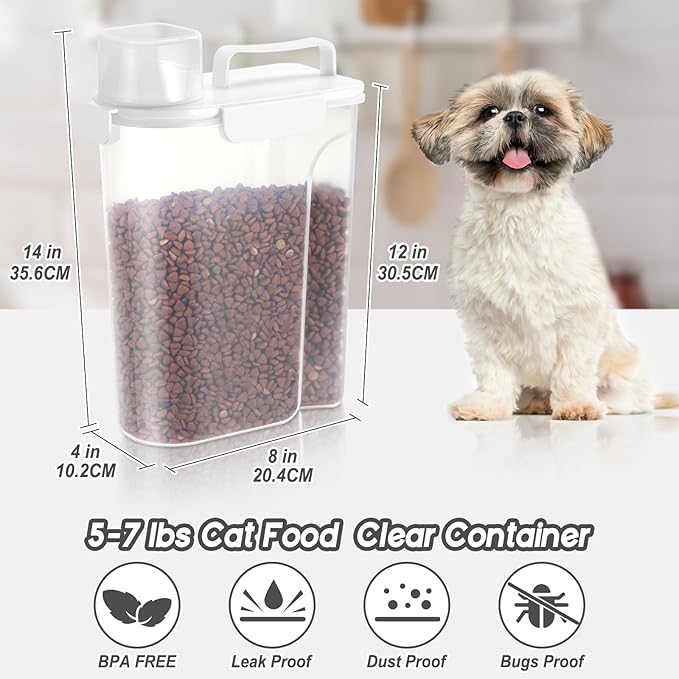 5-7Lbs Dog Cat Food Storage Container with Upgraded Large Nozzle BPA-free, 4 Snap Seals Plastic Pet Food Storage Containers with Handles (White, 5L-1pack)