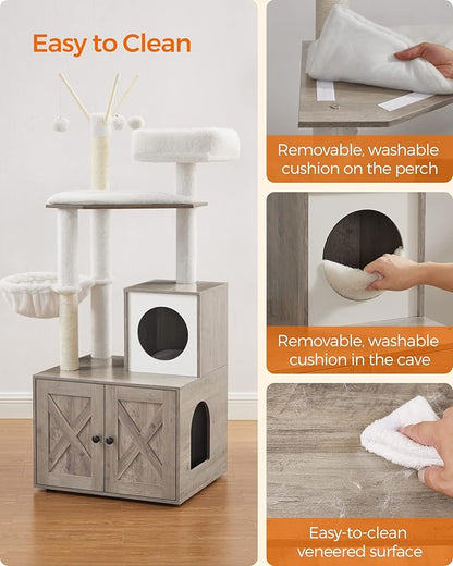 Feandrea Cat Tree with Litter Box Enclosure, 59-Inch Modern Cat Tower, 2-in-1 Condo with Scratching Posts, Washable Removable Cushion, Greige UPCT113G01