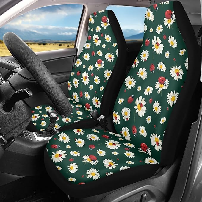 Cute Ladybug Car Seat Covers Front Seats Only for Women Daisy Front Seat Covers Universal Fit for Most Cars, Trucks, SUV, Van, Sedan, 2 Pcs Interior Auto Accessory, Green
