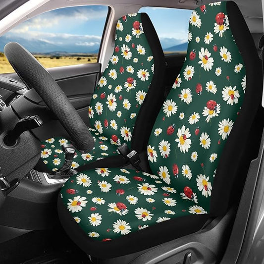 Cute Ladybug Car Seat Covers Front Seats Only for Women Daisy Front Seat Covers Universal Fit for Most Cars, Trucks, SUV, Van, Sedan, 2 Pcs Interior Auto Accessory, Green