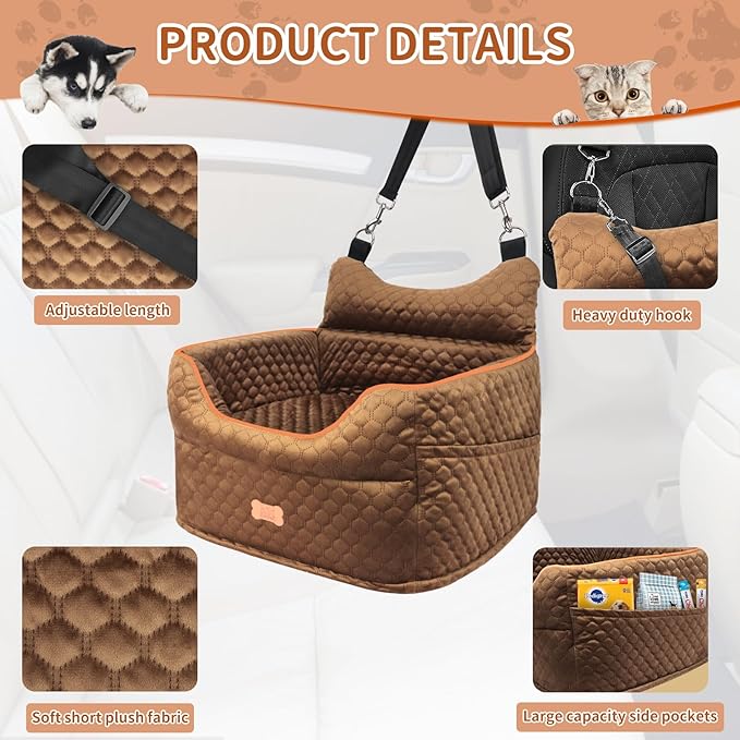 Dog Car Seat - Memory Foam Dog Booster Seat for Small Dogs Up to 25lbs-Elevated Pet Car Seat with Storage Pockets and Dog Seat Belt-Soft Pet Travel Bed for Front & Back Seats-Removable Washable-Brown