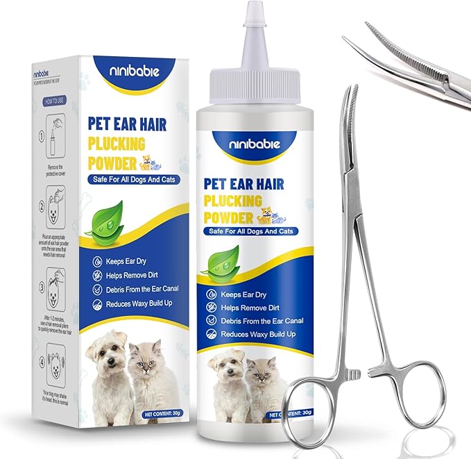 Updated Dog Ear Powder for Hair Removal,Ear Powder for Dogs Plucking with 5.5inch Hemostat Locking Forceps Curved, Removing Earwax and Odor