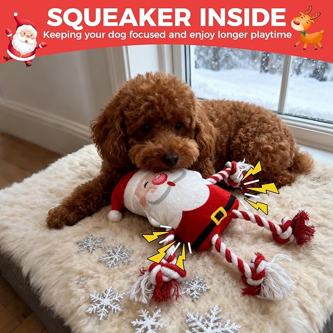 PAWCHIE Dog Christmas Toys 2 Pack,Squeaky Chew Dog Toy Interactive Puppy Toys,Soft Pet Plush Teething Pet Rope Toys Santa Claus Reindeer Shape for Boredom, for Small Medium Dogs,Red