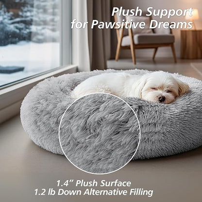 JOLLYVOGUE Calming Dog Bed Medium Size Dog, 31in Donut Washable Medium Pet Bed, Anti-Slip & Anti-Anxiety Fluffy Faux Fur Round Dogs Bed, Fits up to 45 lbs Pets (Smoke Grey)