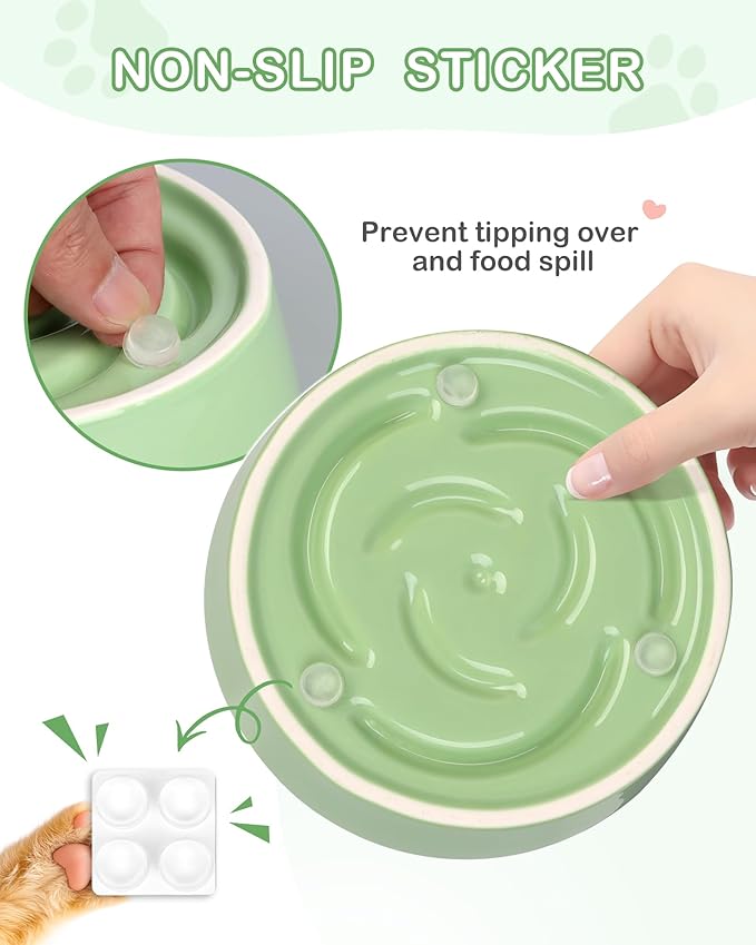 TRUVIC Ceramic Slow Feeder Dog Bowls Small Breed, 0.6 Cup Slow Feeder Cat Bowls for Fast Eaters, Ceramic Dog Food Dish no Black Chin, Puzzle Bowl for Small Dogs and Cats, Green