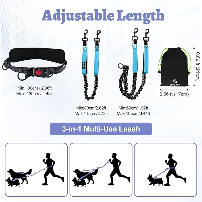 Hands Free Double Dog Leash for Two Dogs- No Tangle No Pull Dual Leash with Padded Adjustable Waist Belt & Reflective Stitching - Ideal for Running, Jogging, Hiking with Medium & Large Breeds