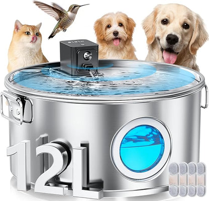 3.4Gal Wireless Automatic Dog Water Fountain for Large Dogs，12L Stainless Steel 3 Modes Dog Fountain Water Bowl Dispenser, Multi Large Pet Water Fountain Ultra Quiet & Multi-Filteration
