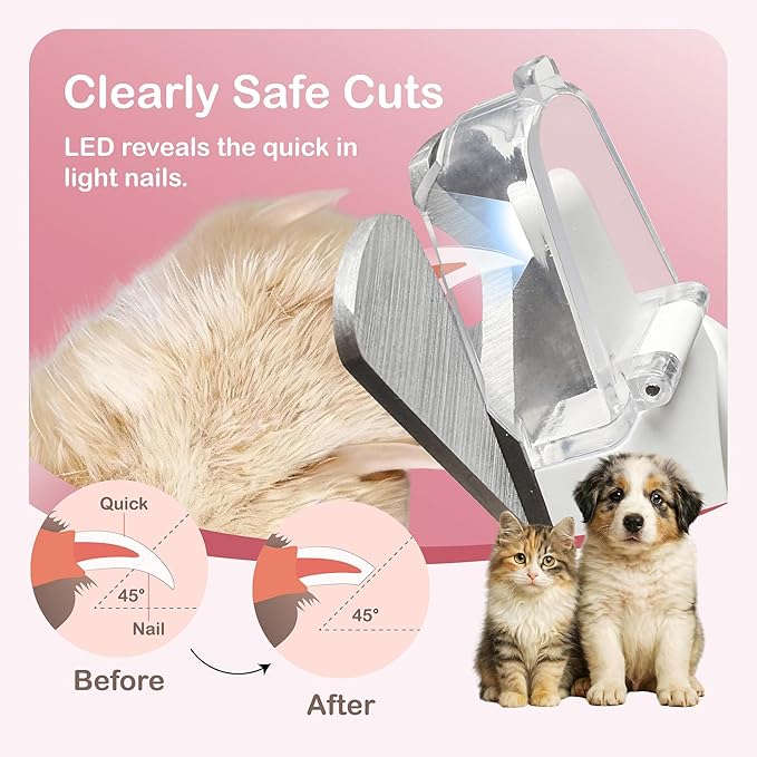 Safe 2-in-1 Dog & Cat Nail Clipper and Grinder LED Safety Light Illuminates the Quick to Prevent Over-Cutting or Bleeding, USB Rechargeable, Low Noise Motor Keeps Pets Calm Grooming for All Pet Sizes