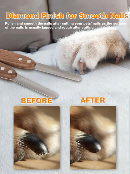 Dog Nail File - Diamond Coated Metal Nail File for Dogs and Cats, Ergonomic Walnut Handle, Smooth and Shape All Toenail Types, Remove Burs for Indoor & Outdoor Pets