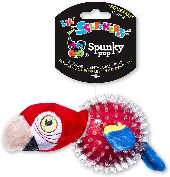 Spunky pup Parrot Spiky Ball Squeaker Dog Toy | Dog Balls with Rubber Spikes for Healthy Teeth and Gums | Plush Fetch and Play Toy | For Small Dogs